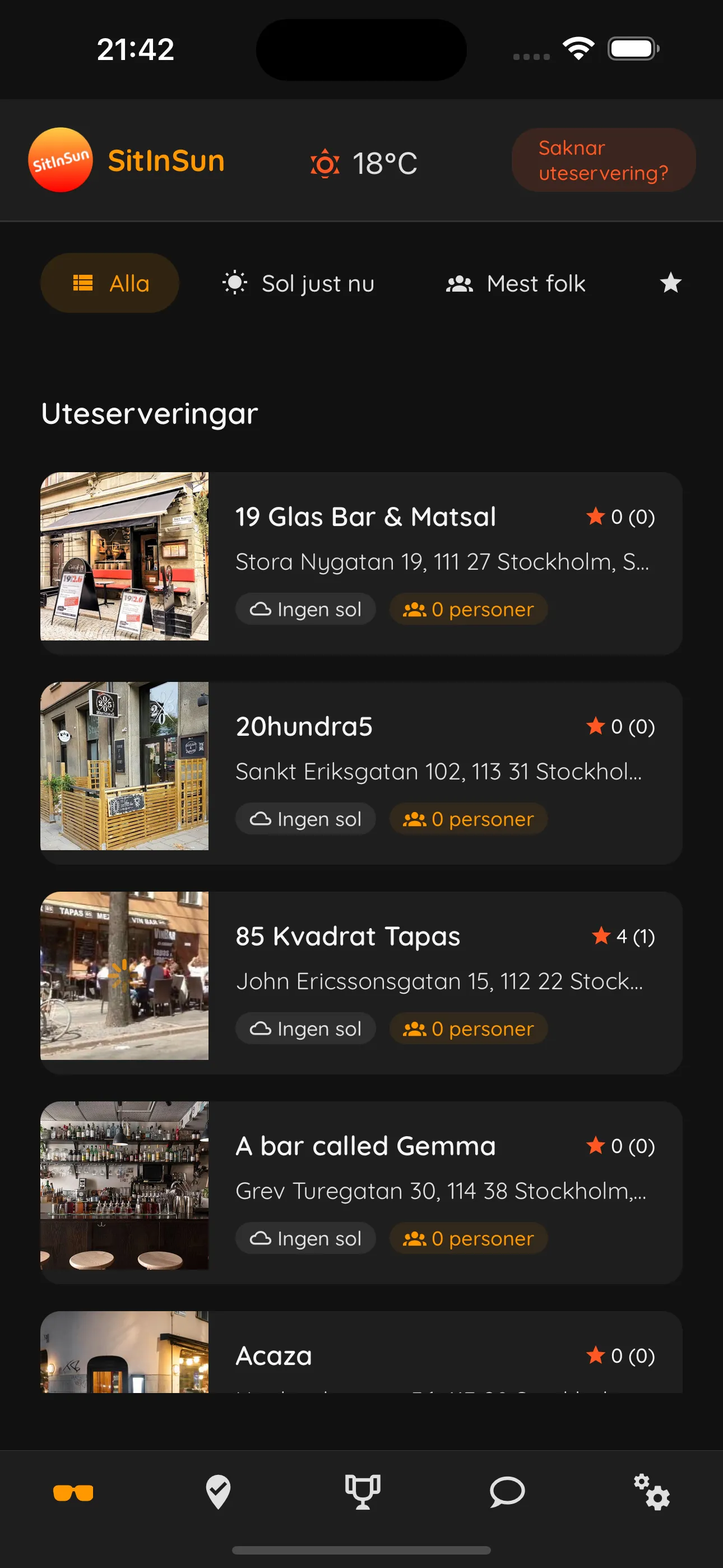 SitInSun – social app för sol och uteserveringar SitInSun app demonstration – Hitta solen och checka in